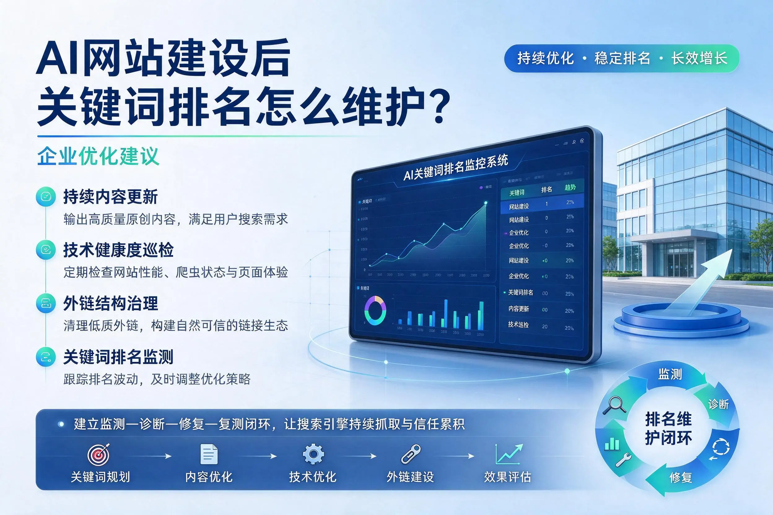 AI网站建设后关键词排名怎么维护?浙江企业优化建议