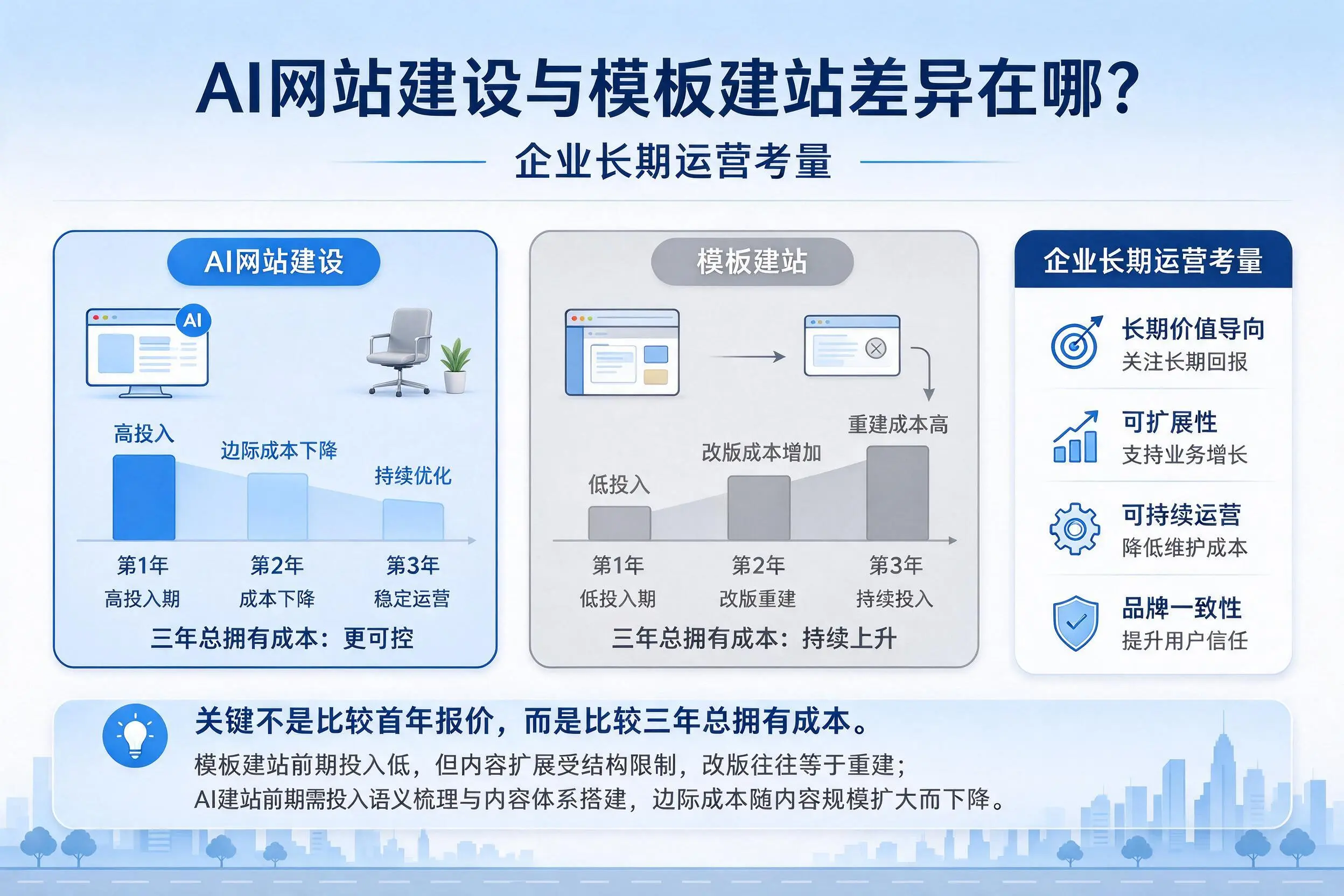 AI网站建设与模板建站差异在哪?浙江企业长期运营考量