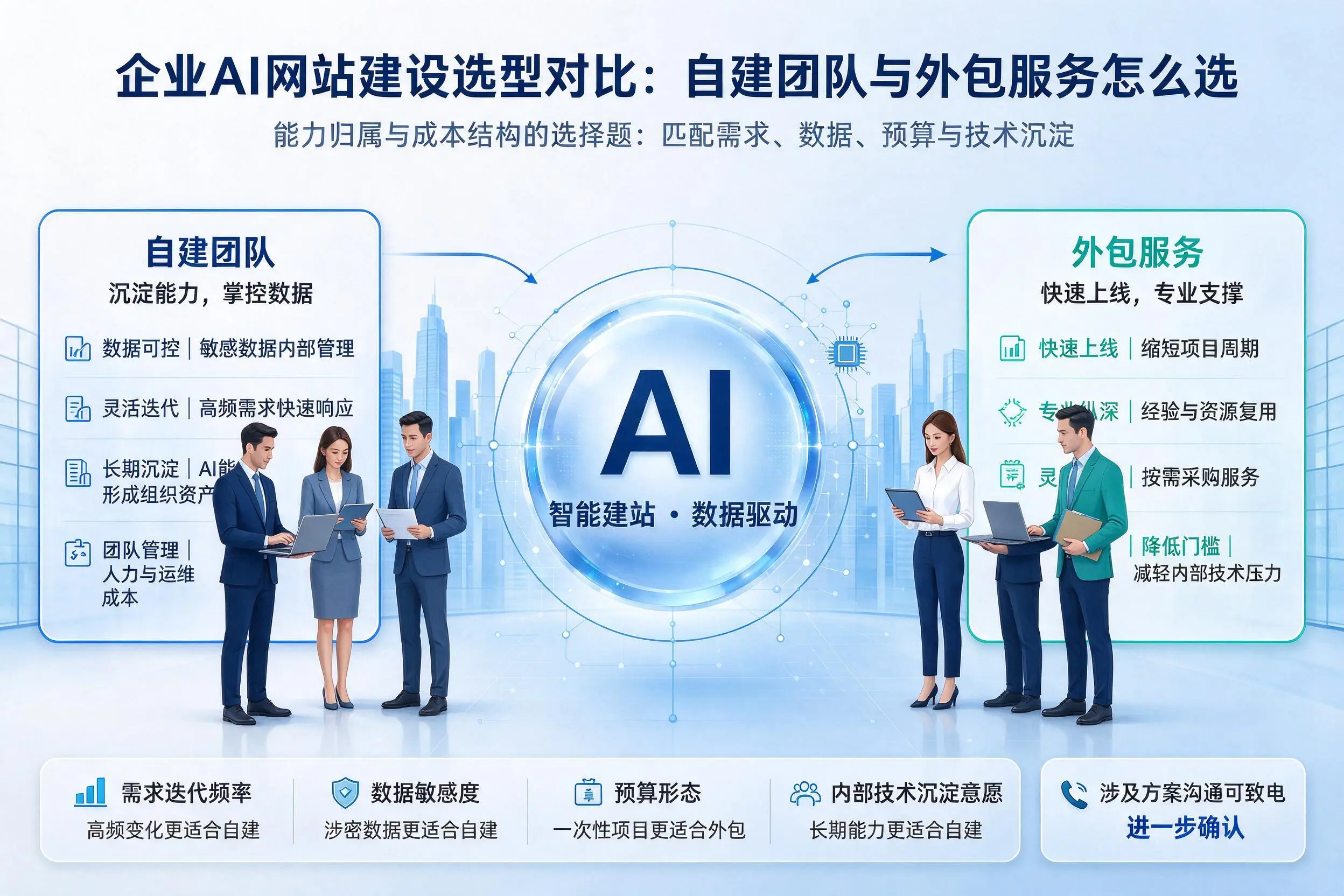 浙江企业AI网站建设选型对比:自建团队与外包服务怎么选